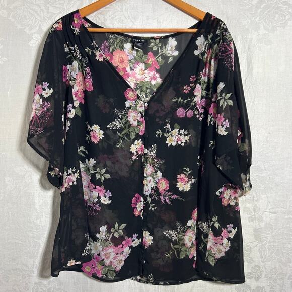 torrid Tops - Torrid Top 2 2X Black Pink Floral Sheer Button Up Whimsigoth Fairy Goth Flowy